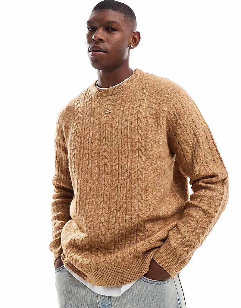 

ASOS DESIGN – Светло-коричневый свитер свободной вязки косой вязки с круглым вырезом
