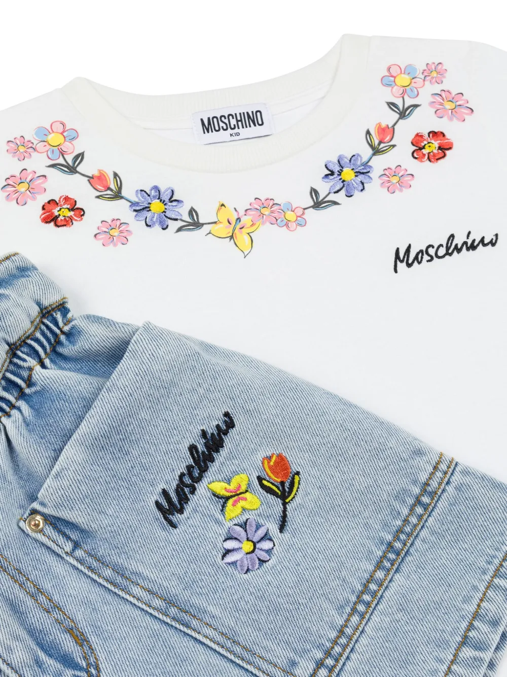 Комплект из футболки и шортов с цветочной вышивкой Moschino Kids, синий — фото 3