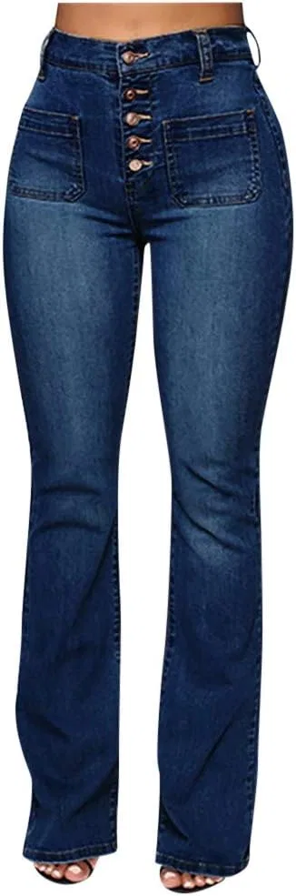 Джинсы с завышенной талией, клеш, Dark Blue