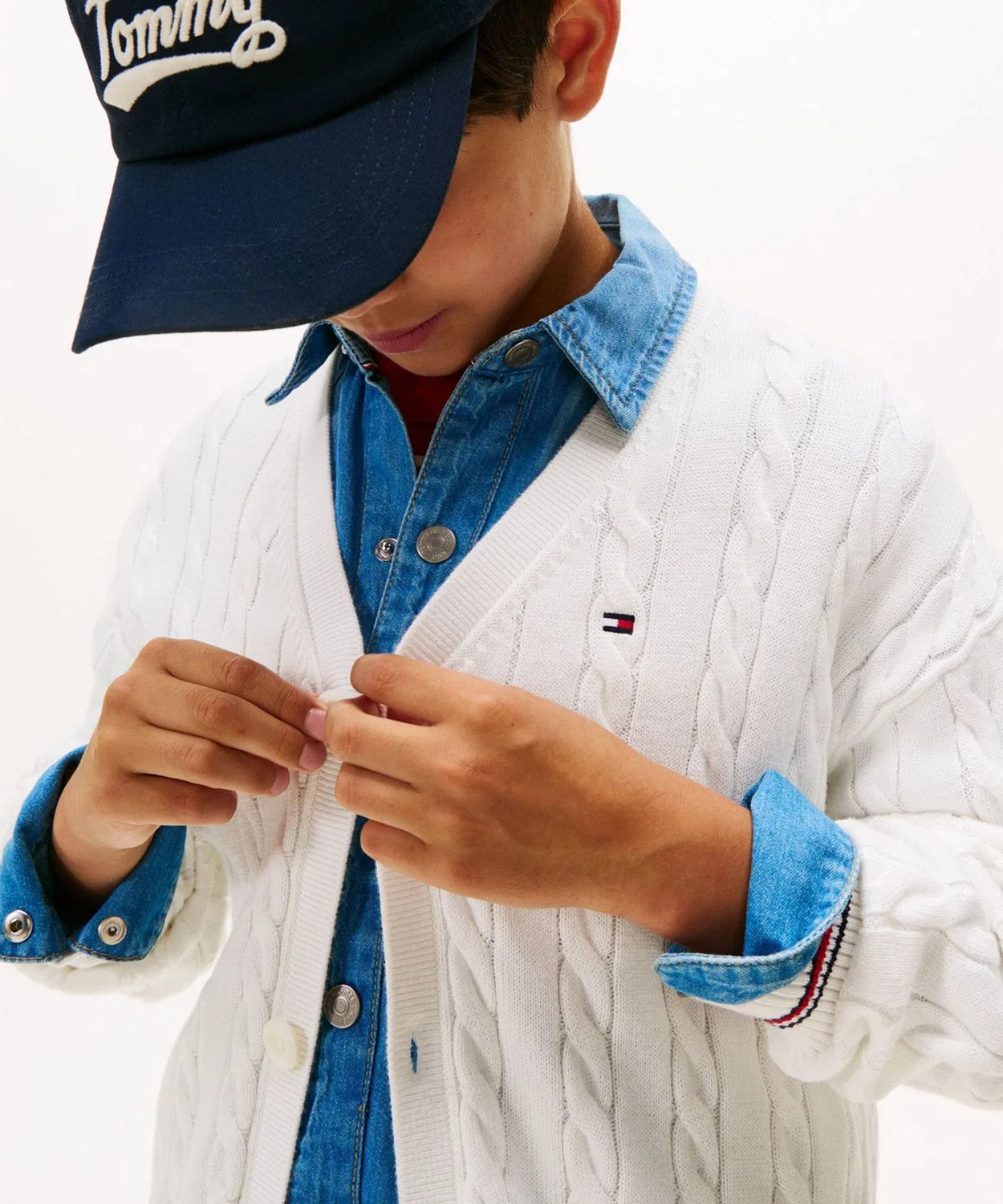 Кардиган детский с V-образным вырезом, косая вязка, Tommy Hilfiger, тёмно-синий — фото 2