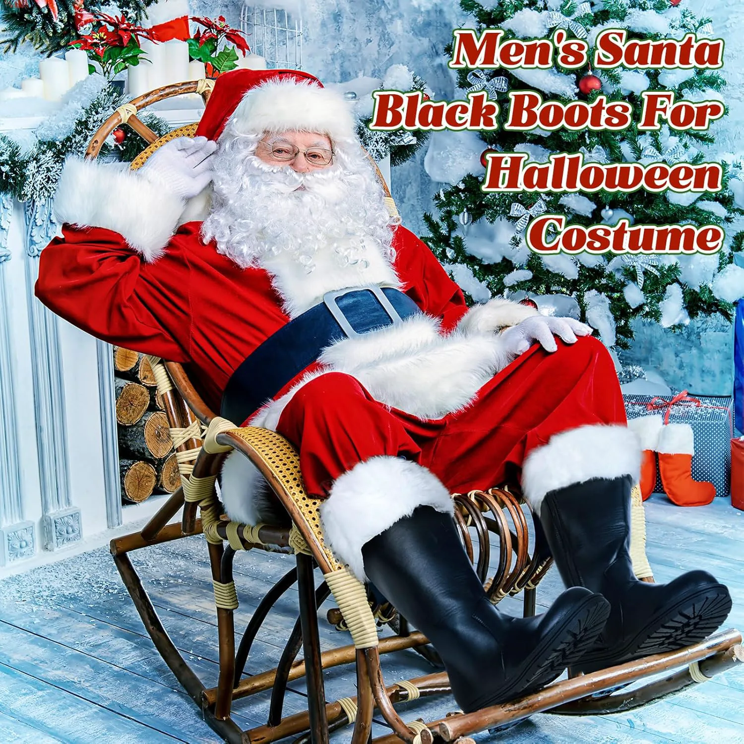 

Ботинки Санта-Клауса Liitrsh Christmas для мужчин с широкой голенью, боевые ботинки Санта с белыми плюшевыми манжетами, колокольчиками и ремешком с пряжкой для костюма на Хэллоуин или Рождество, черный