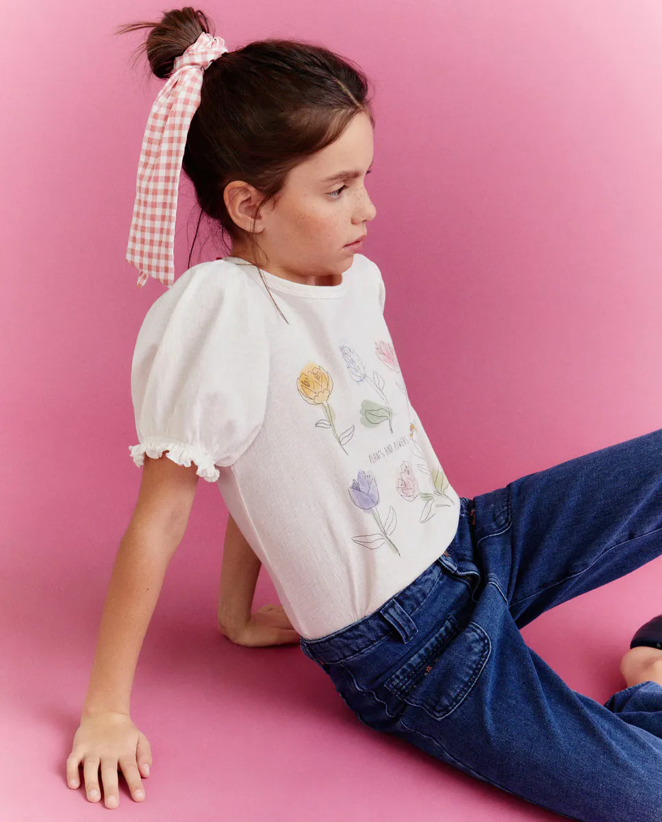 

Футболка для девочек с коротким рукавом и растительным принтом Kids El Corte Inglés, цвет 120 Crudo