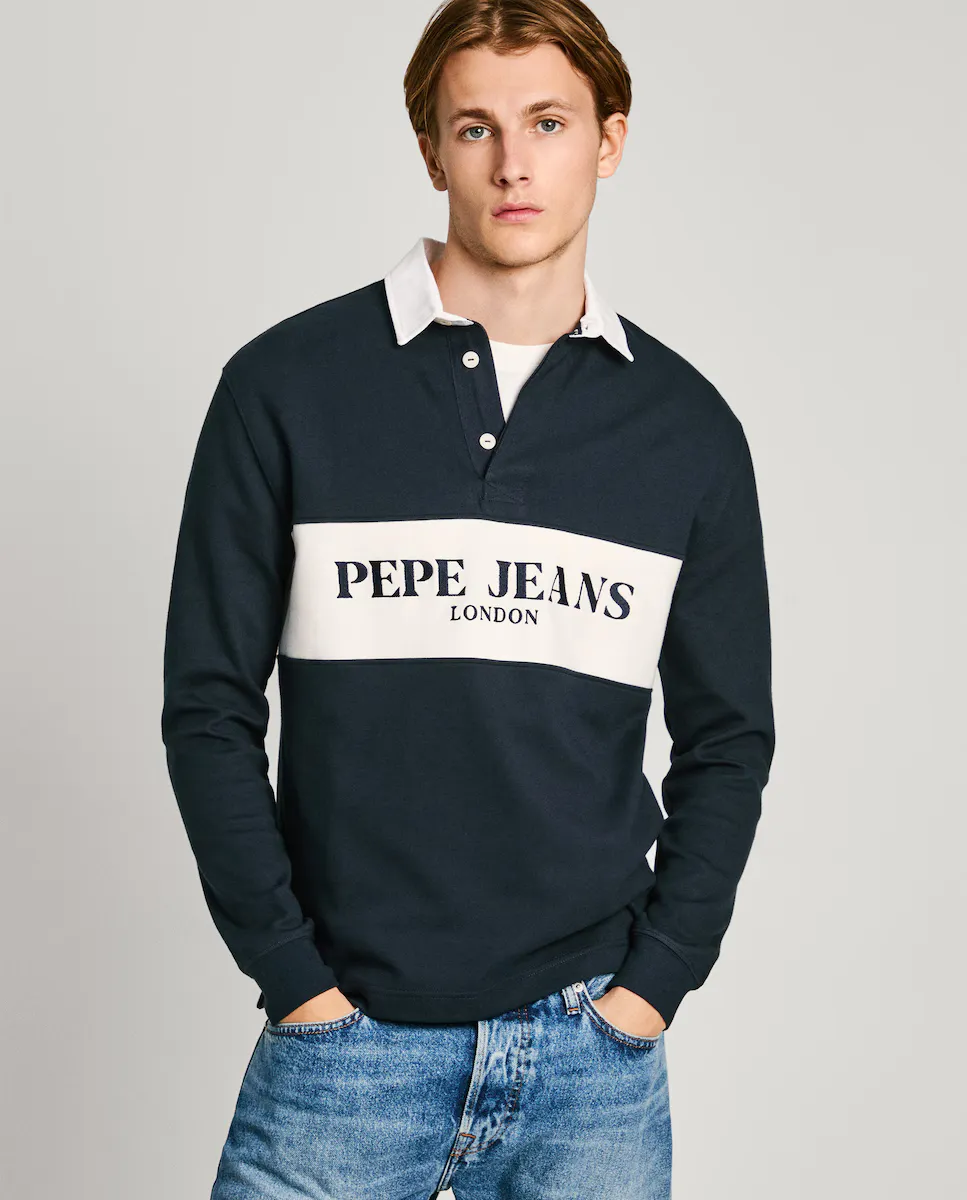 

Мужское поло для регби с длинными рукавами и вышитым логотипом Pepe Jeans, темно-синий