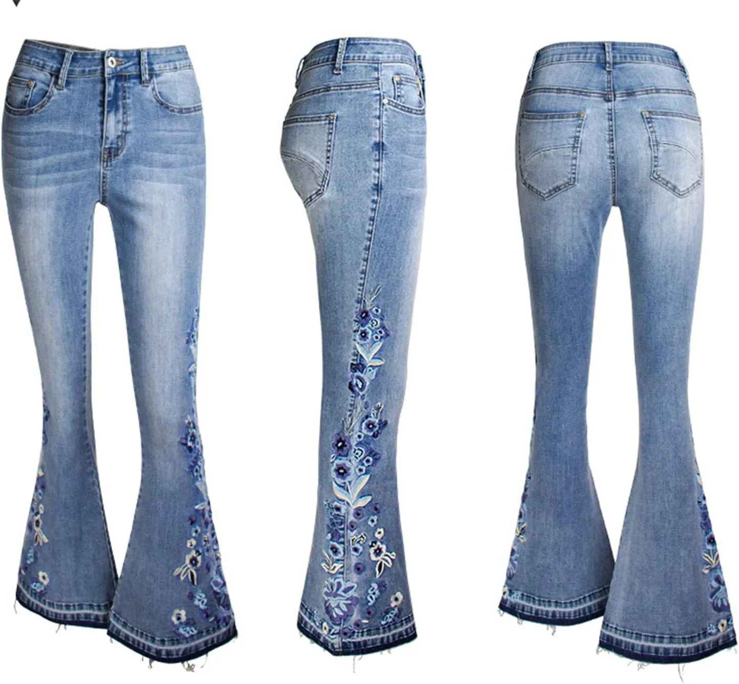 Andongnywell женские джинсы-клеш с вышивкой Mid Waist Stretchy Flared Jean Floral Embroidery Bell Bottom — фото 3