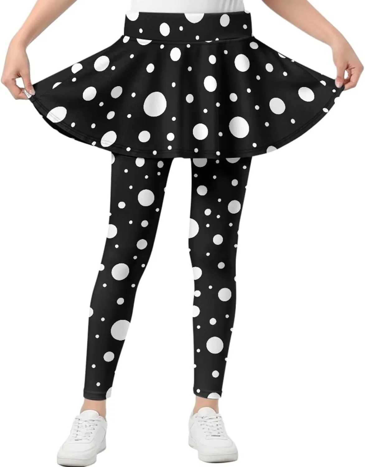 Леггинсы с юбкой для девочек, Hresuewn, 2-в-1, White Polka Dot-black