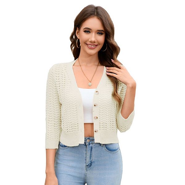 

Женский кардиган легкий вязаный свитер с 3/4 рукавом укороченный v-образный вырез на пуговицах Seoria, Rice White