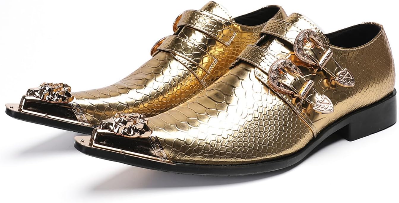 

Мужские роскошные туфли Santimon из лакированной кожи - текстура под кожу змеи, металлический заостренный носок, лоферы с металлической пряжкой Стиль «монах», формальные туфли с акцентом на пряжку для свадьбы, вечеринки или выступления певца, зо...