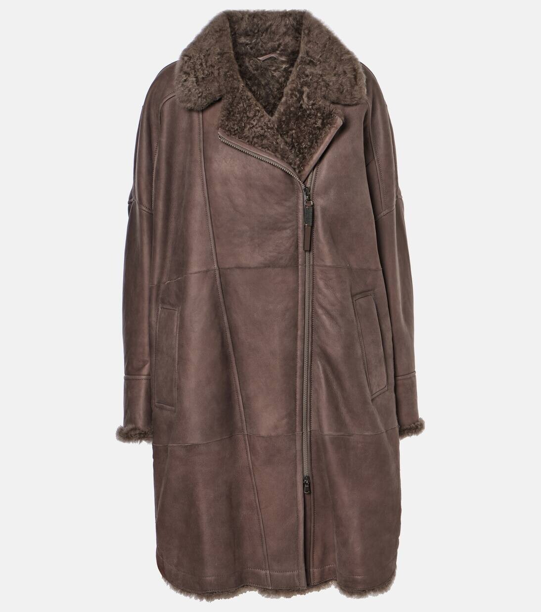 

Кожаное пальто с подкладкой из овчины Brunello Cucinelli, коричневый