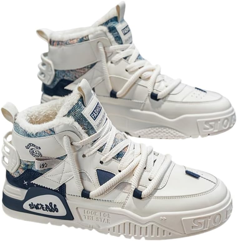 

Мужские зимние модные кроссовки Hhhchpm, высокие ботинки для снега с противоскользящей резиновой подошвой и шнуровкой, для походов, активного отдыха и повседневной носки, синий/бежевый