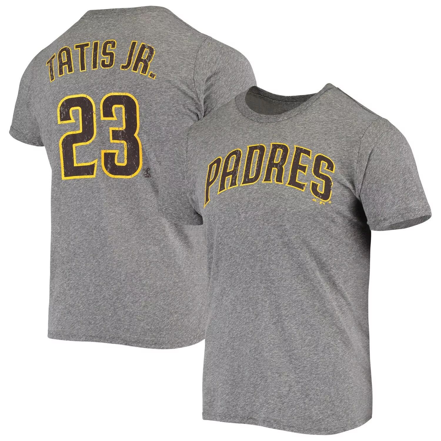 

Мужские нитки Fernando Tatis Jr. Heathered Grey San Diego Padres Имя и номер футболка Tri-Blend Majestic