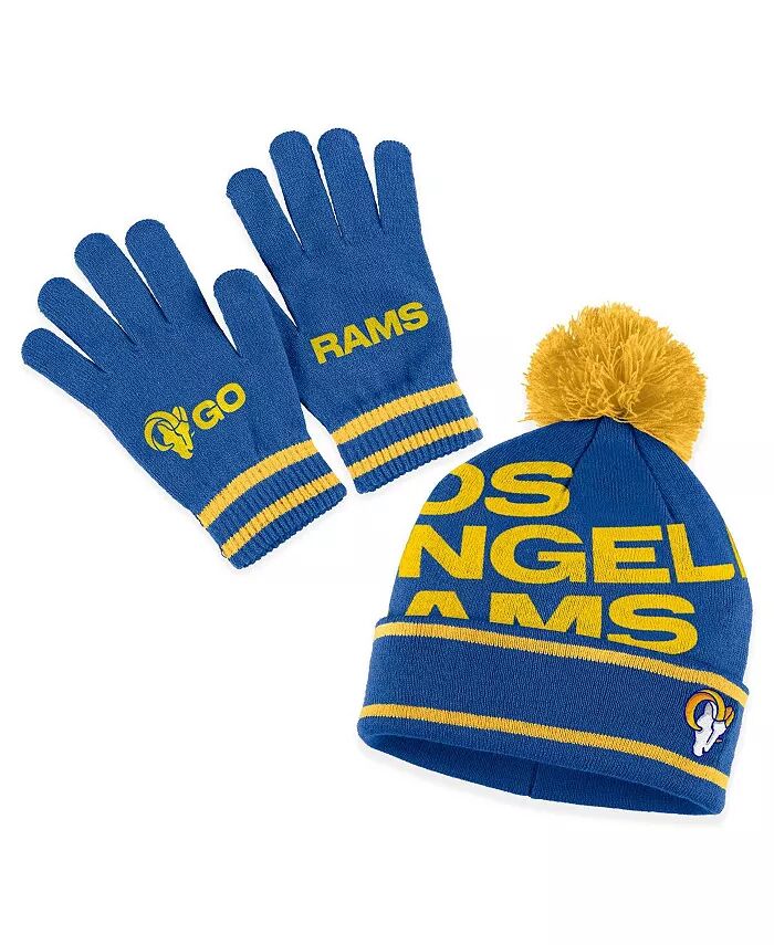 

Женская шапка Royal Los Angeles Rams с манжетами из двойного жаккарда, помпоном и перчатками в комплекте WEAR by Erin Andrews