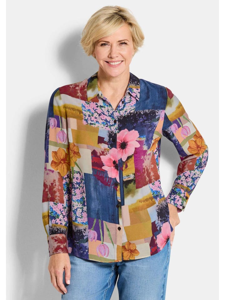 

GOLDNER Укороченный размер: вискозная блузка-рубашка с лоскутным принтом, разноцветная/узорчатая