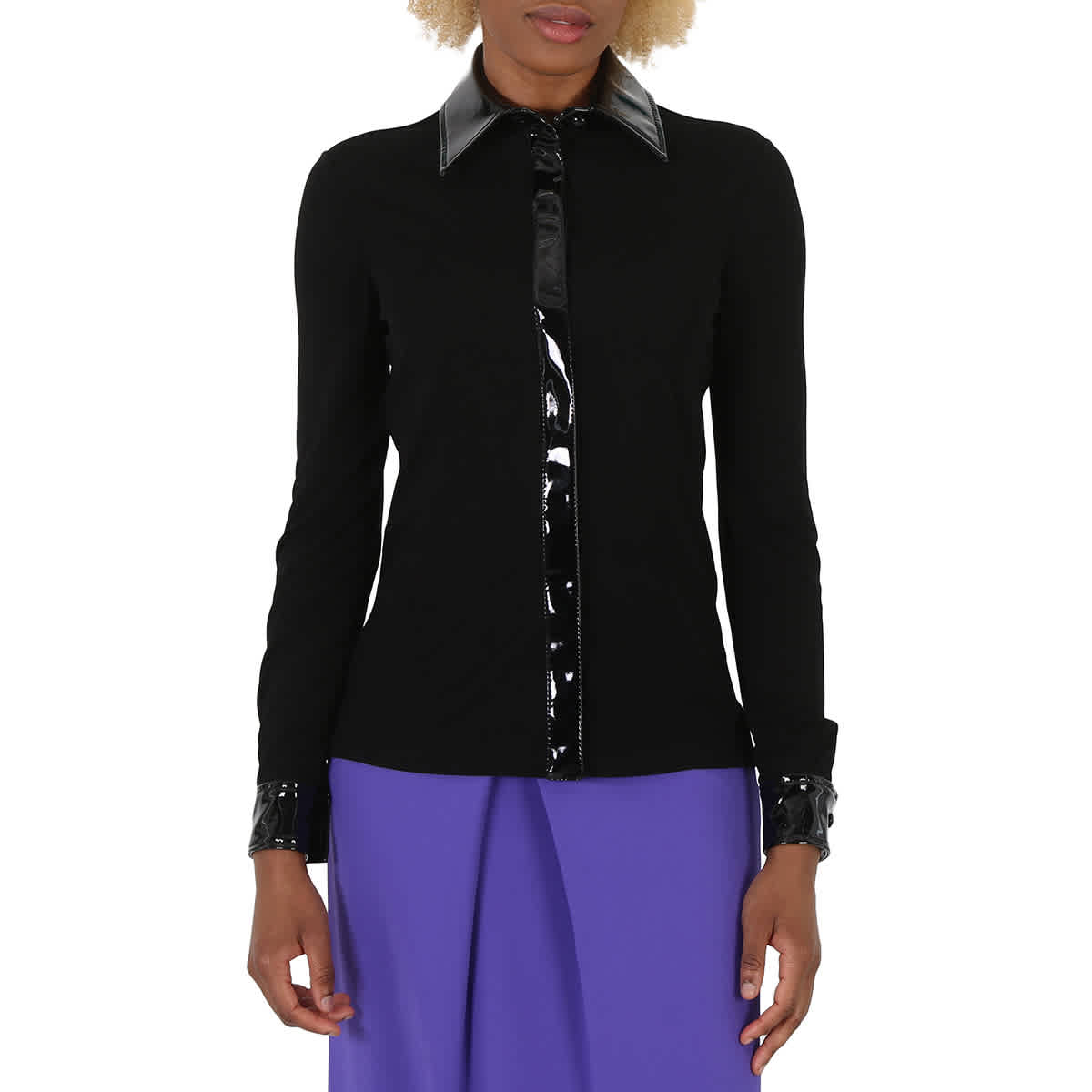 

Москино Черная виниловая деталь Длинный рукав Органзовая рубашка Moschino