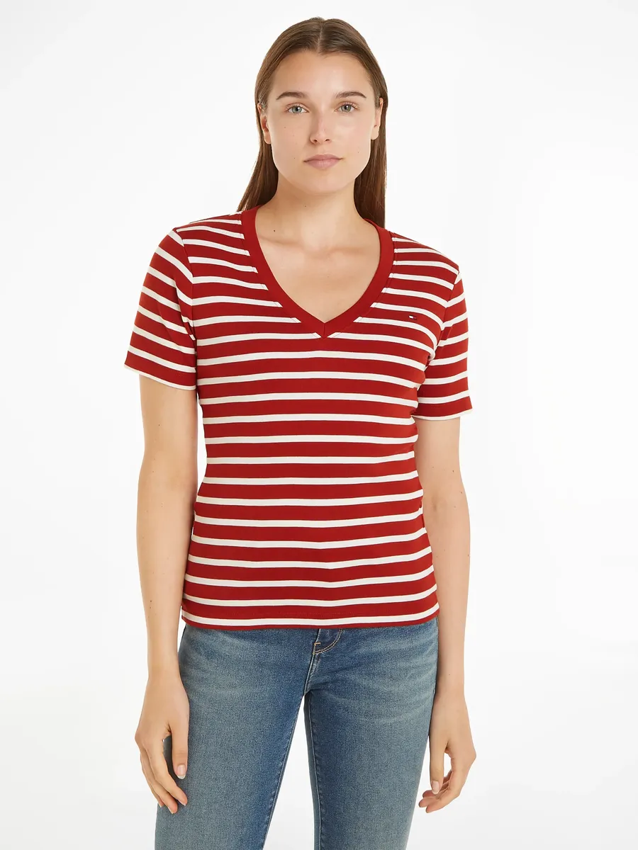 

Футболка Tommy Hilfiger с вышитым логотипом, цвет Breton Stp/ Dark Magma/ Ecru