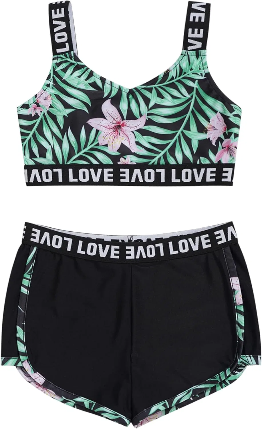 Детский спортивный комплект: топ и шорты, Daenrui, floral plants print, Prasinous — фото 3