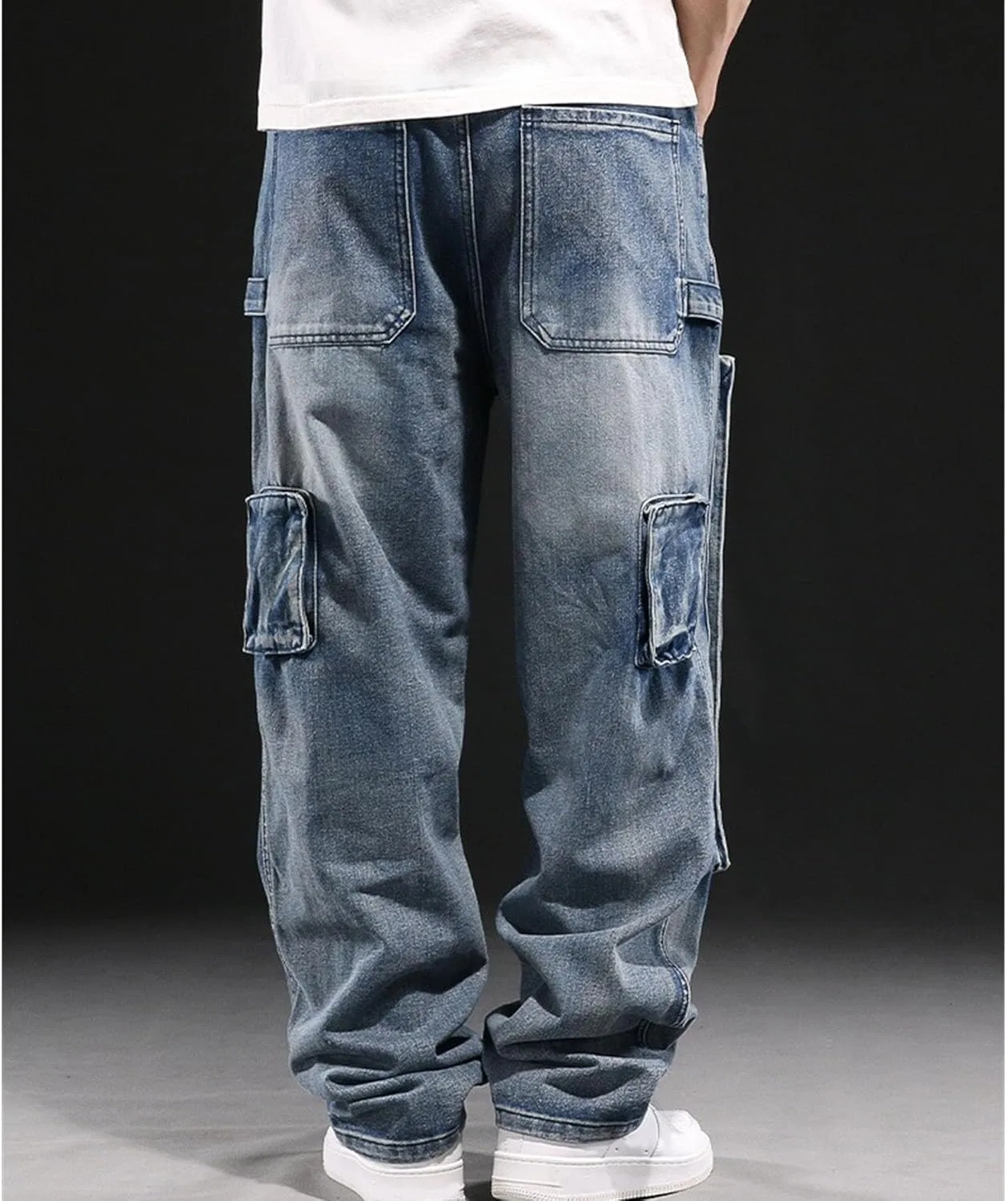Джинсы свободные Men's Jeans Relaxed Fit Y2k Baggy Jeans Trendy Hip Hop Motorcycle Pants Straight Leg Skater Loose Denim Jean, синий — фото 4
