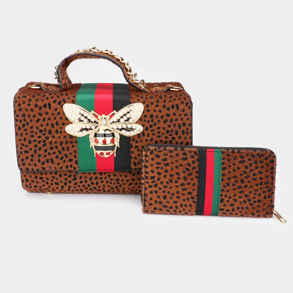 

2PCS - Honey Bee Accented Color Block Cheetah Patterned Tote Bag Wallet Set FASHNZFAB, темно-коричневый/золотой/леопардовый принт