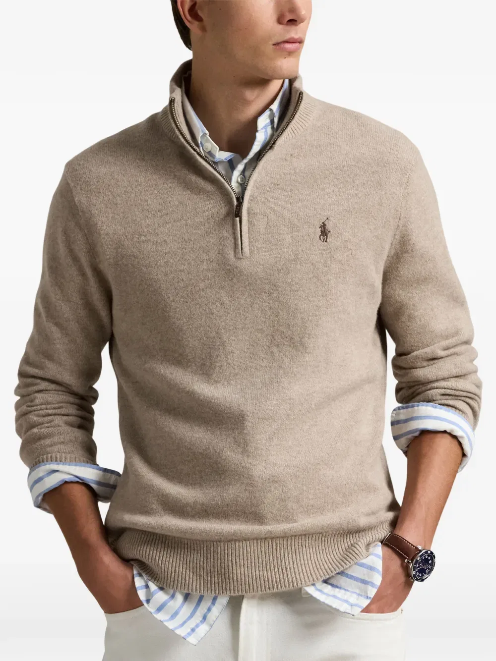 Свитер с вышитым логотипом и застежкой-молнией до середины груди Polo Ralph Lauren, нейтральный — фото 3