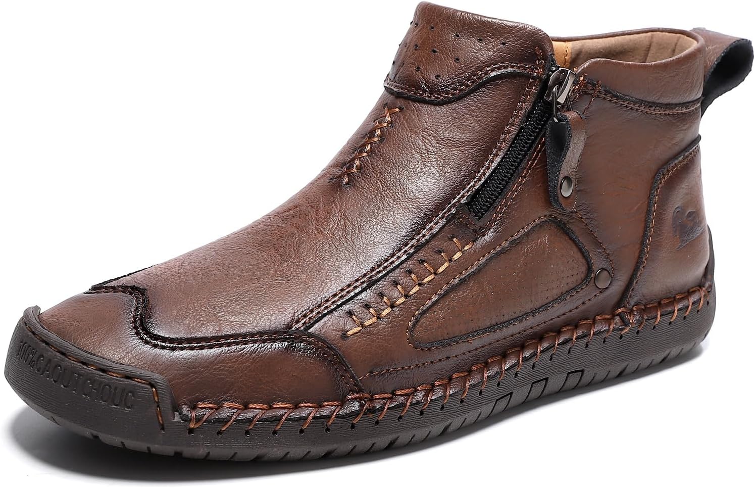 

Мужские кожаные ботинки NXNBHSL с ручной строчкой, круглый носок, ботинки до щиколотки с боковой молнией, модные, удобные, винтажные, легкие, для прогулок, вождения, средние по высоте, для повседневной носки и офиса, коричневый