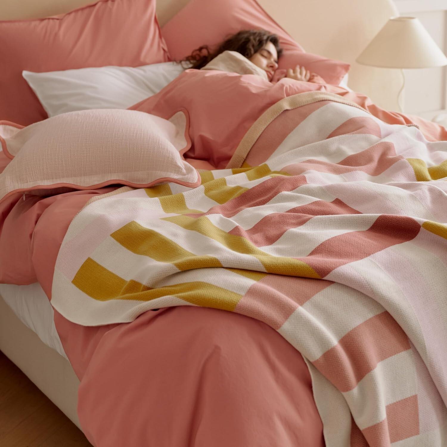 

Пододеяльник Bedsure с хлопковым тенселем и перкалем двойной строчки и комплект пледов вязки интарсия, 1 комплект пододеяльников, 1 хлопковое одеяло, королева, плед, Sunset Glow, Sunrise Blush Double Stitch by Bedsure