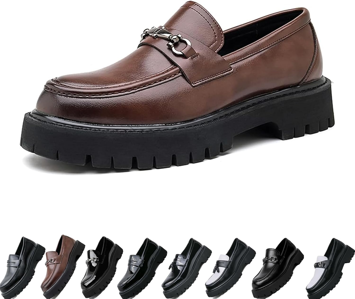 

Мужские лоферы на платформе из лакированной кожи, удобные, с противоскользящей подошвой, с круглым носком, стильные деловые туфли без шнурков для работы и повседневной носки Generic, коричневый
