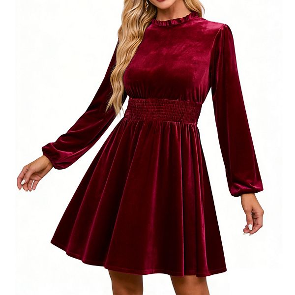 

Женское бархатное мини-платье с длинными рукавами, рюшами на воротнике, присборенной талией и свободным кроем для вечеринок Clearflower, Red