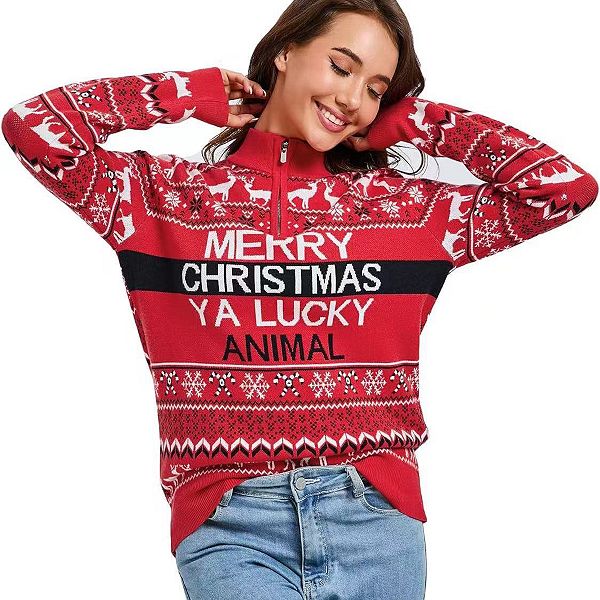 

Женский свитер Ugly Christmas с молнией и воротником-стойкой для праздничной вечеринки Clearflower, Red