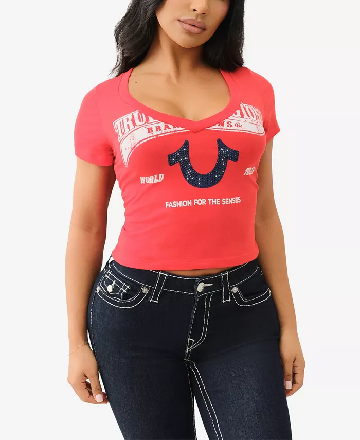 

Женская V-образная блузка с кристаллами и логотипом Baby T-Shirt True Religion, красный