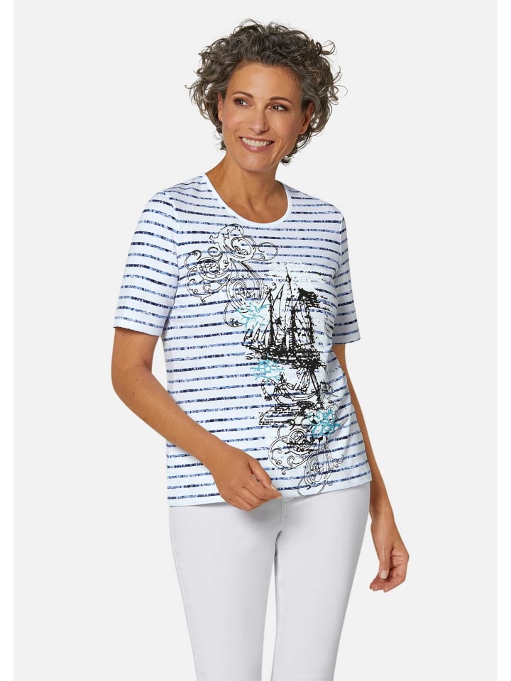 

GOLDNER Укороченный размер: рубашка в полоску с ярким принтом в бело-синей цветовой гамме