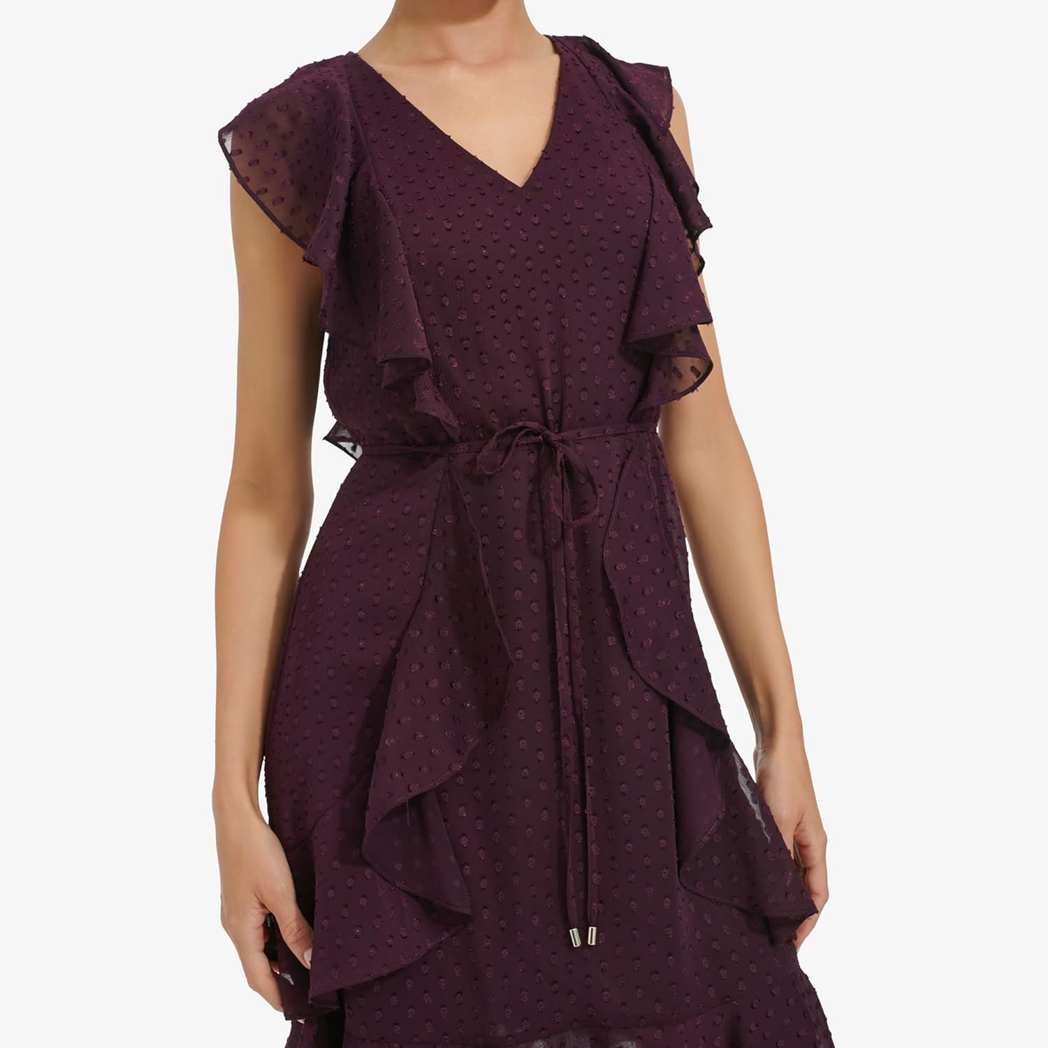 Женское шифоновое мини-платье Tommy Hilfiger с оборками и завязкой на талии, Aubergine — фото 4