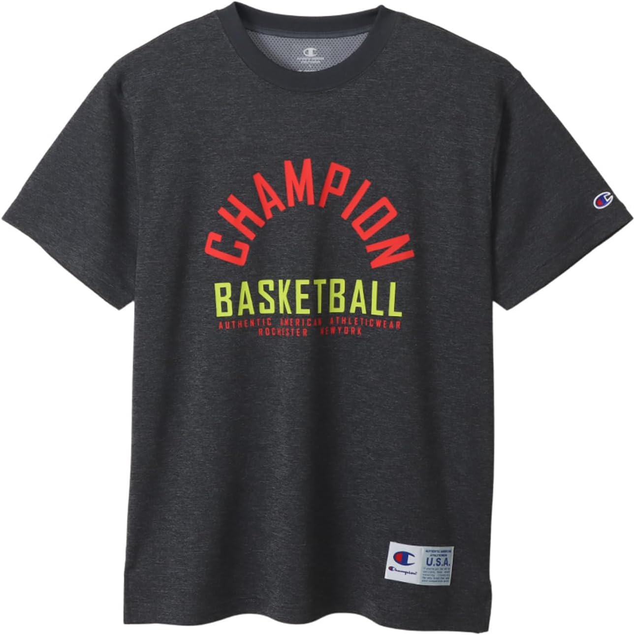 

Мужская футболка Champion C3-XB351 с коротким рукавом, круглый вырез, влагоотводящая, быстросохнущая, антипригарная, антибактериальная, отталкивающая запахи, с графическим принтом, баскетбольная, вересково-черный