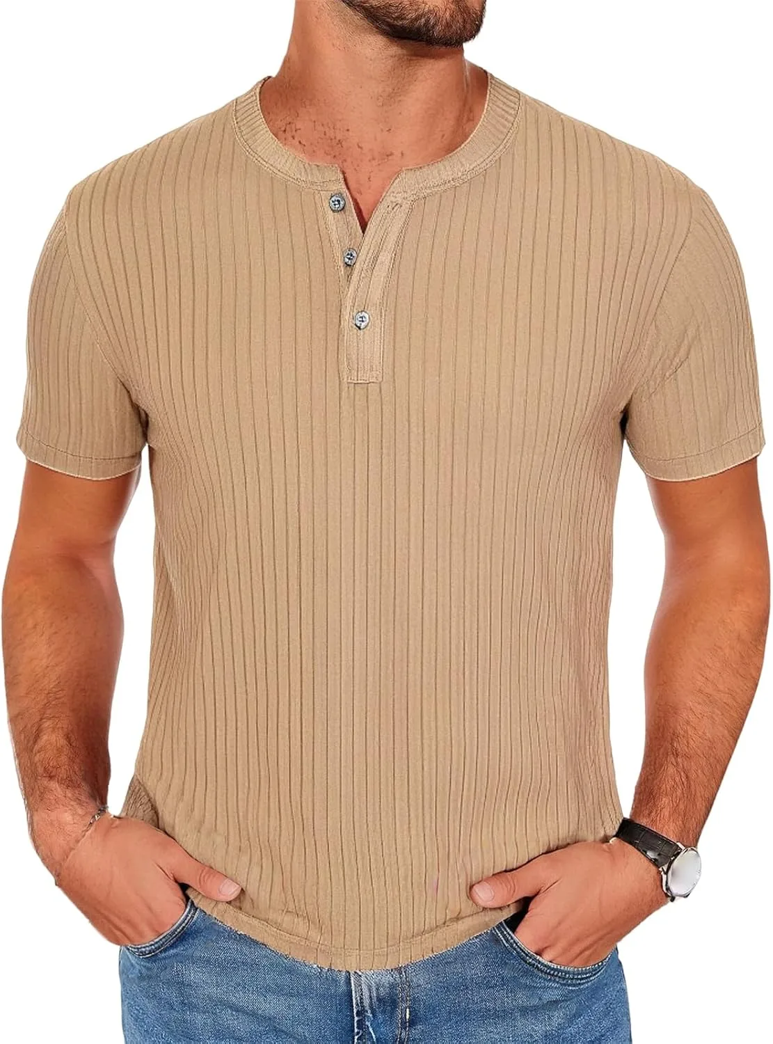 

Мужской вязаный хенли с коротким рукавом, Ribbed Stretch, Slim Fit CHXLQQX