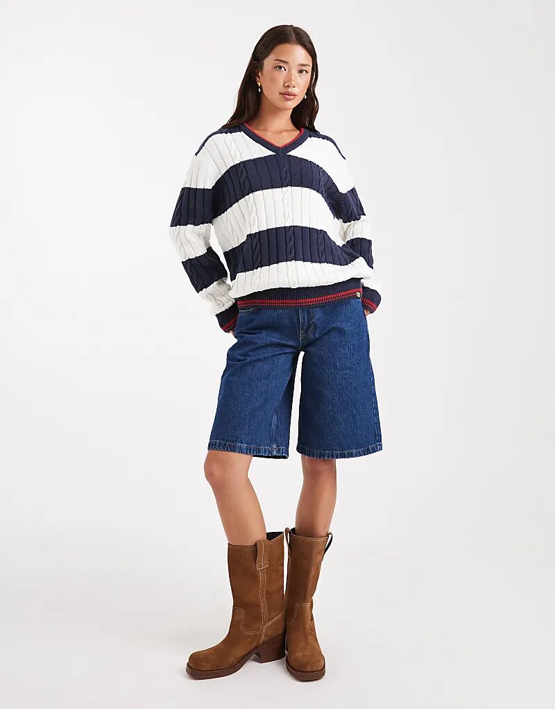 

Джемпер Superdry Stripe свободного кроя с V-образным вырезом и косами в насыщенную темно-синюю полоску