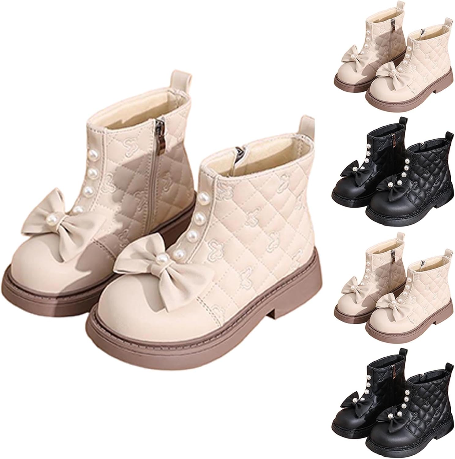 

Ботильоны с бантом и жемчугом, боковая молния, низкий каблук, короткие сапожки до середины голени из искусственной кожи, осенние модные туфли Generic, White