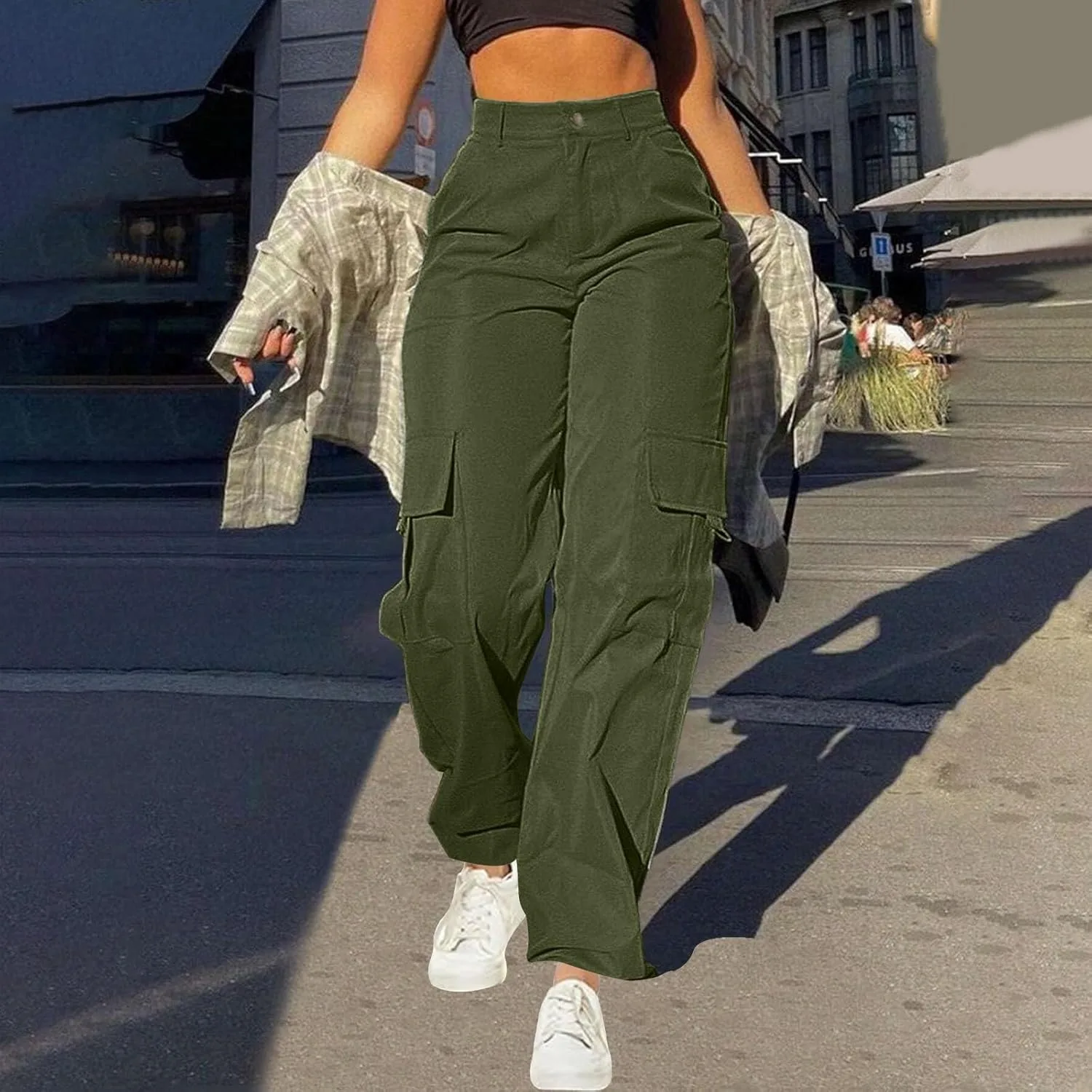 Generic Черные карго-брюки Women High Waisted Casual Jogger Workout Pants модные широкие Y2K Streetwear с карманами — фото 2