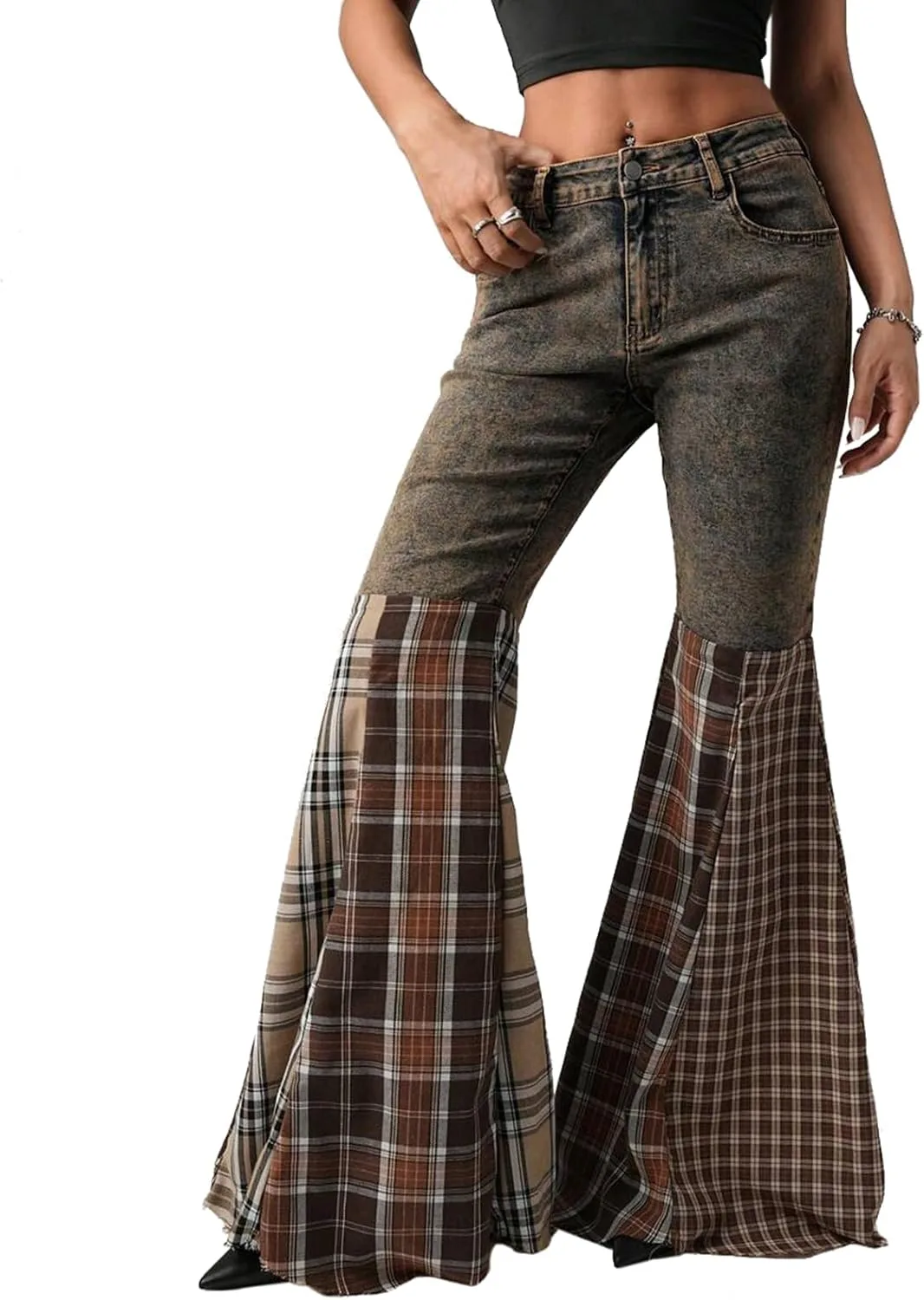 

Женские джинсы с высокой талией и расклешенным низом, винтажные, в клетку cffvdiz