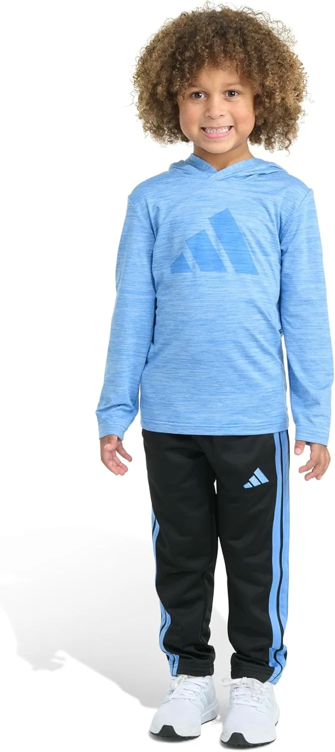 Детский комплект Adidas из двух предметов: футболка с длинными рукавами и капюшоном, меланжевая, и брюки, Blue With Light Blue Mélange