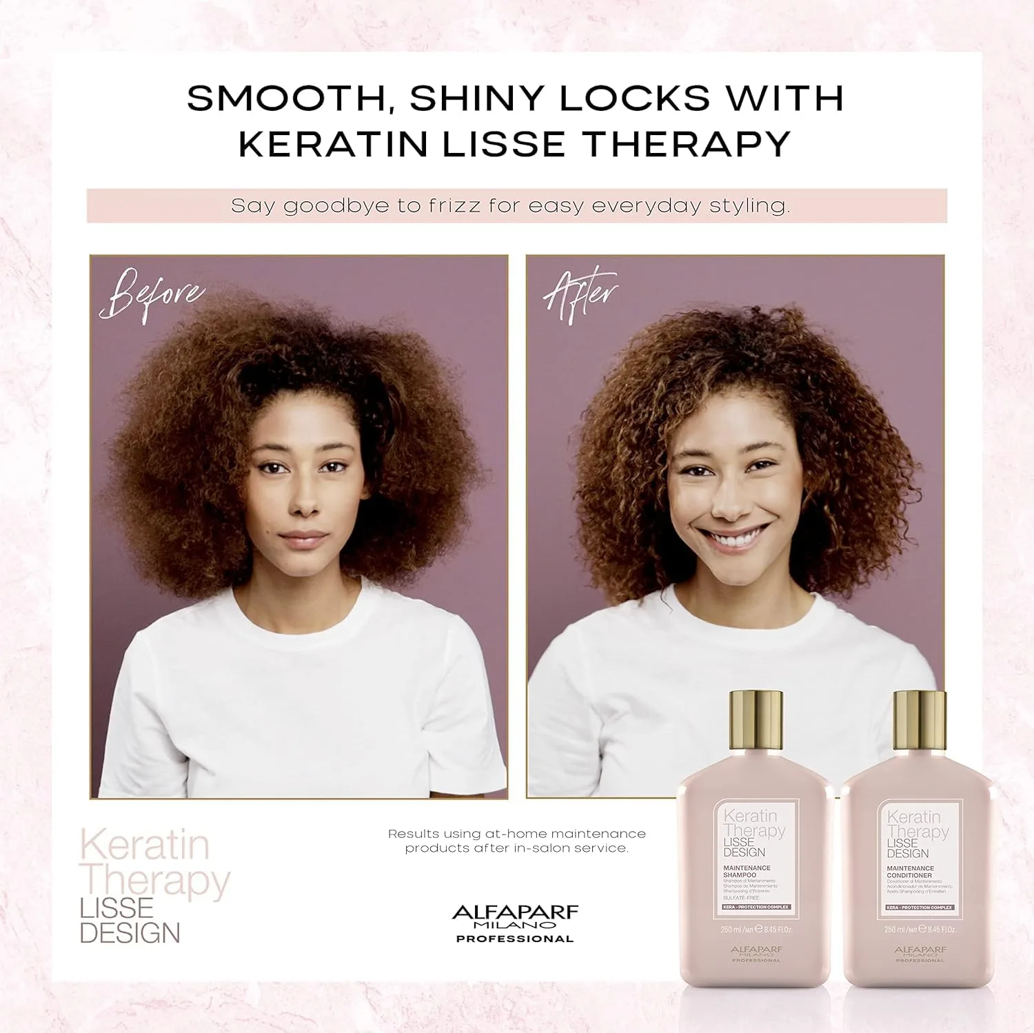 Набор шампунь и кондиционер Alfaparf Milano Lisse Design Keratin, без сульфатов, против пушистости, для поддержки кератинового лечения, для гладких и прямых волос — фото 2