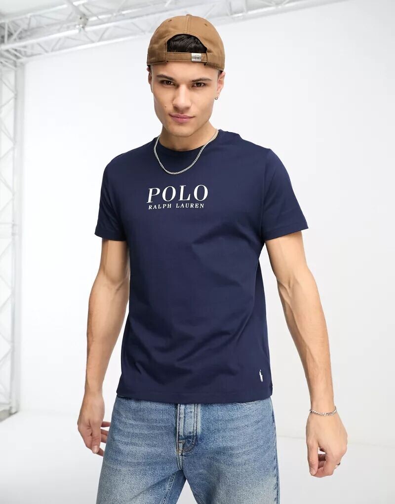 

Темно-синяя футболка для отдыха Polo Ralph Lauren с текстовым логотипом на груди