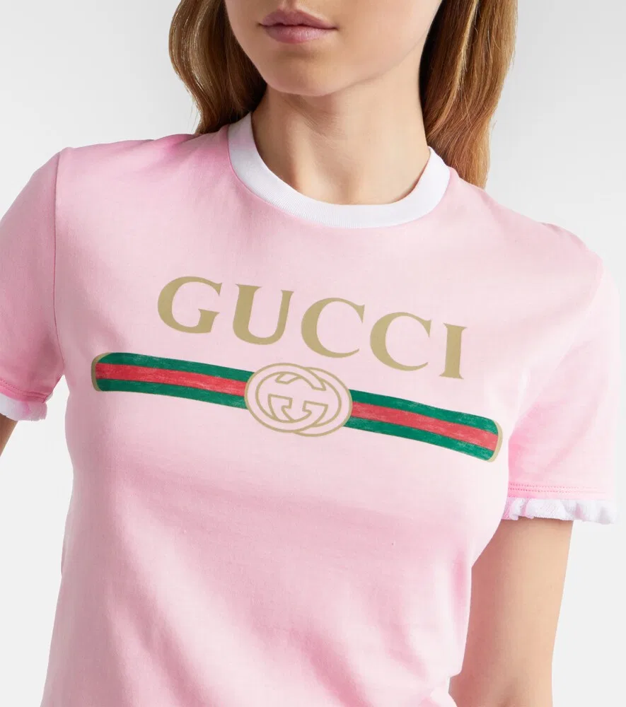 Футболка Gucci с логотипом, с оборками на манжетах, розовый — фото 4