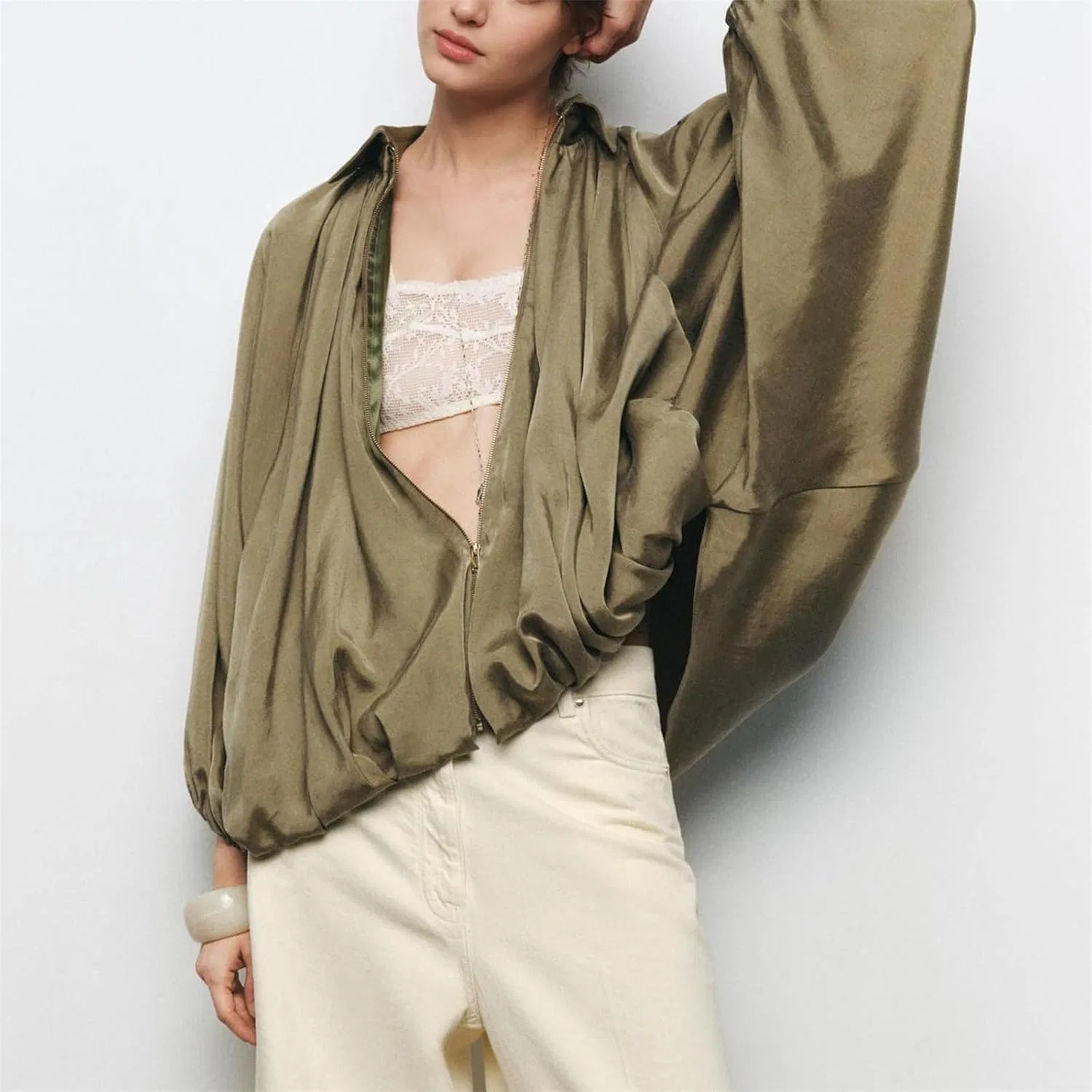Куртка-бомбер женская пуховая с летучей мышью, Polyester, Green — фото 3