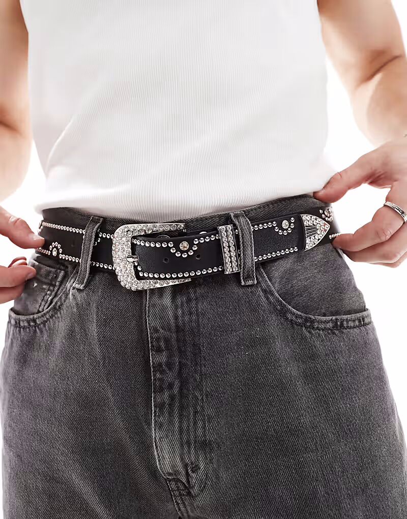 

Ковбойские туфли в стиле вестерн со стразами из черной искусственной кожи Asos Design