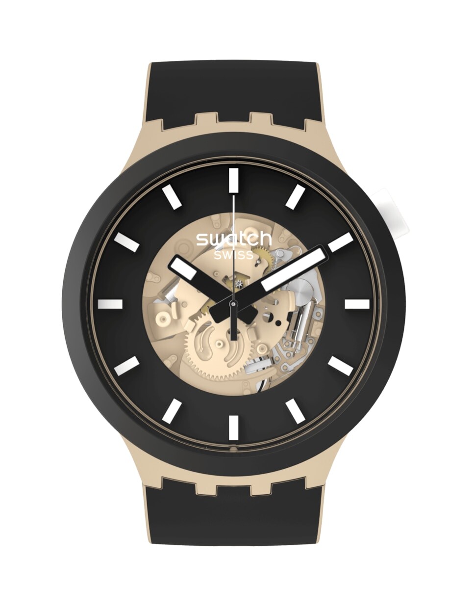 

Время серо-коричневых часов с черным силиконовым ремешком Swatch, черный