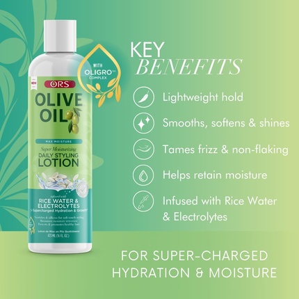 ORS Olive Oil Max Moisture Суперувлажняющий лосьон для ежедневной укладки, несмываемый, с рисовой водой и электролитами, 473 мл, 16 унций — фото 2