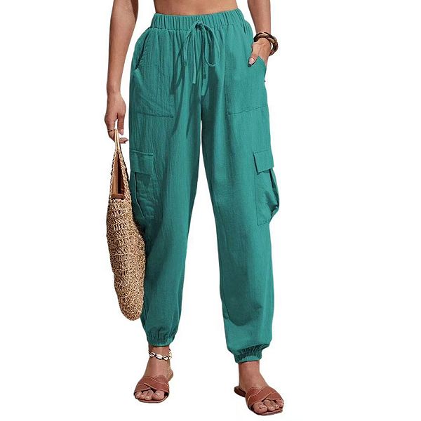 

Женские льняные карго-штаны с манжетами на щиколотках, миди-талия, карманы Clearflower, Green