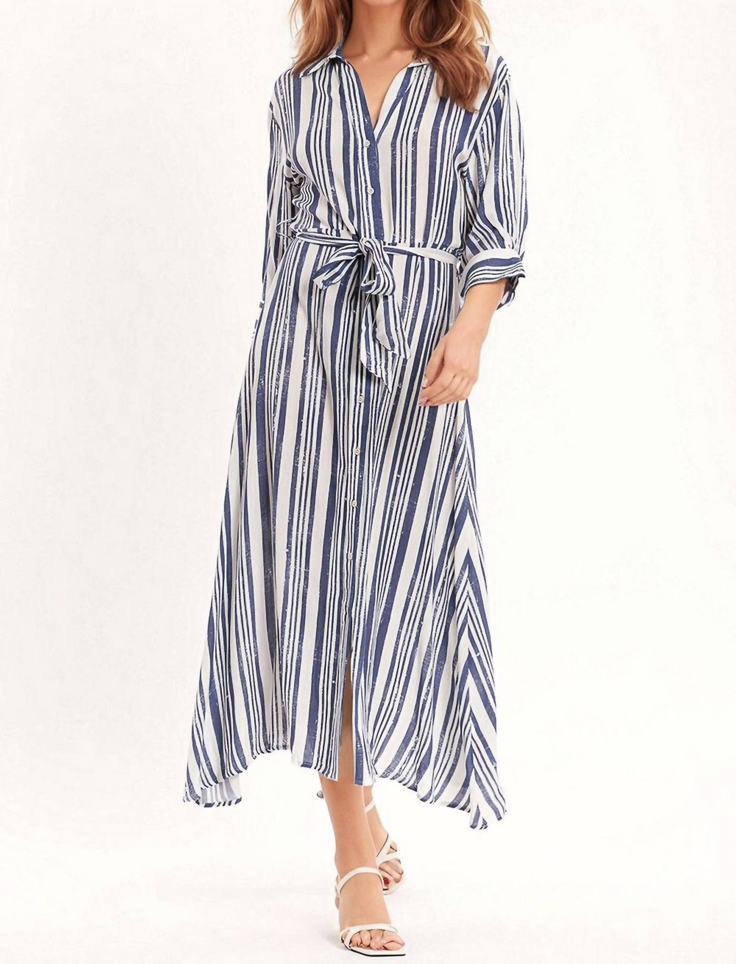 

Stripped 3/4 Sleeve Maxi Shirt Dress In Blue And White Q2