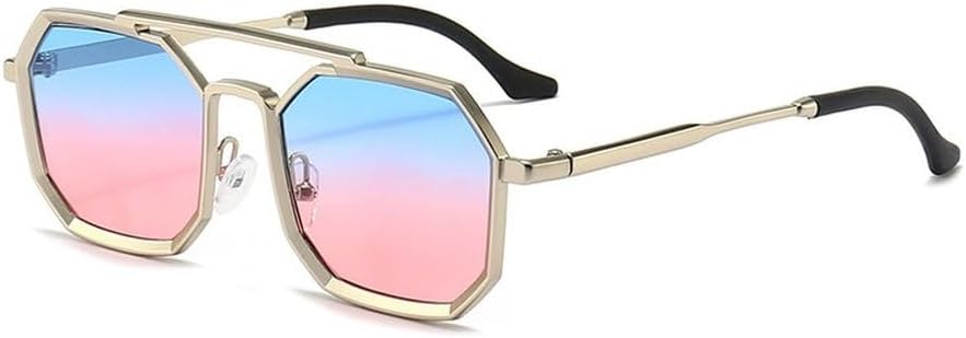 

Солнцезащитные очки в металлической оправе для мужчин и женщин, модные, с многоугольными двойными перемычками, роскошные очки для активного отдыха и вождения GHVWYX, Blue Pink
