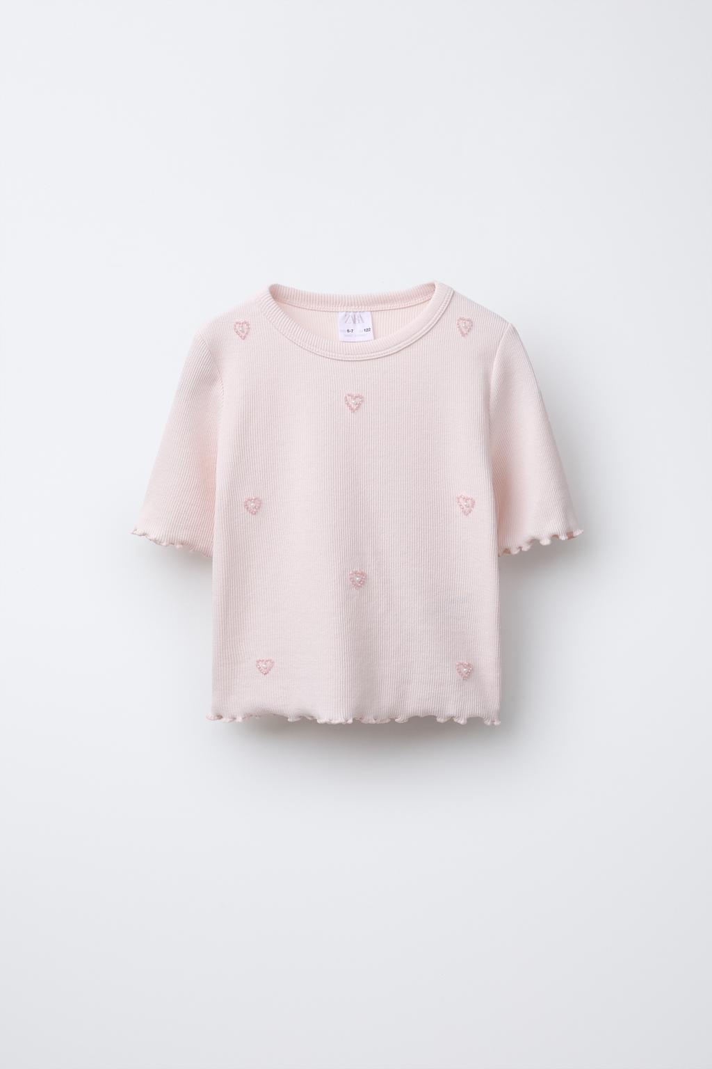 

Футболка в рубчик с бисером ZARA, розовый