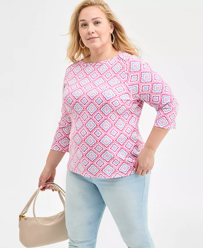 

Женский трикотажный топ с принтом и рукавом 3/4, Plus Size Style & Co, мультиколор