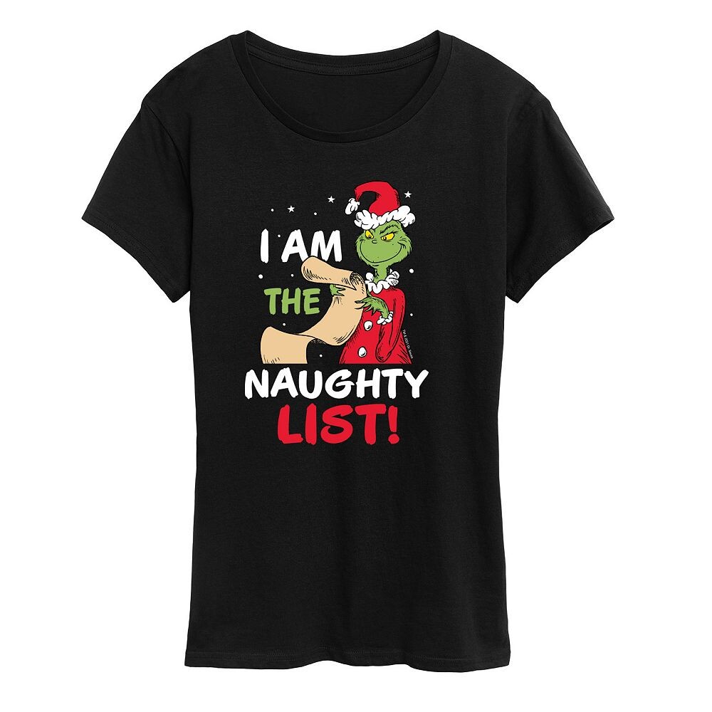 

Женская футболка с рисунком Dr. Seuss The Grinch Naughty List Licensed Character, черный